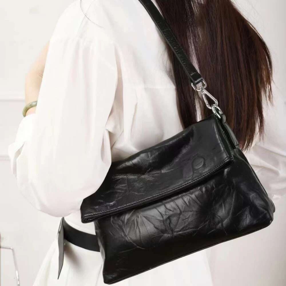Classic Vintage Waxed Creases Genuine Cow Leather Fold Over Shoulder Bag Office Lady Quality Cowhide Clutch Handbag W 2 Straps