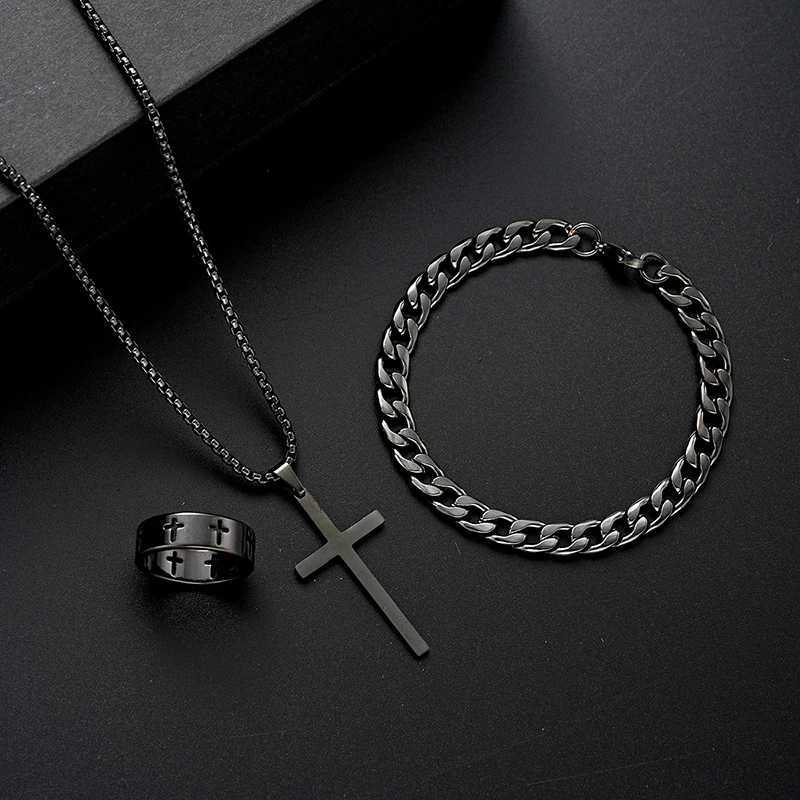 3pcs Set Mens Stainless Steel Metal Cross Pendant Chain Necklace Bracelet Ring Jewelry Set for Men Hip Hop Daily Wear Accessories XJ250707