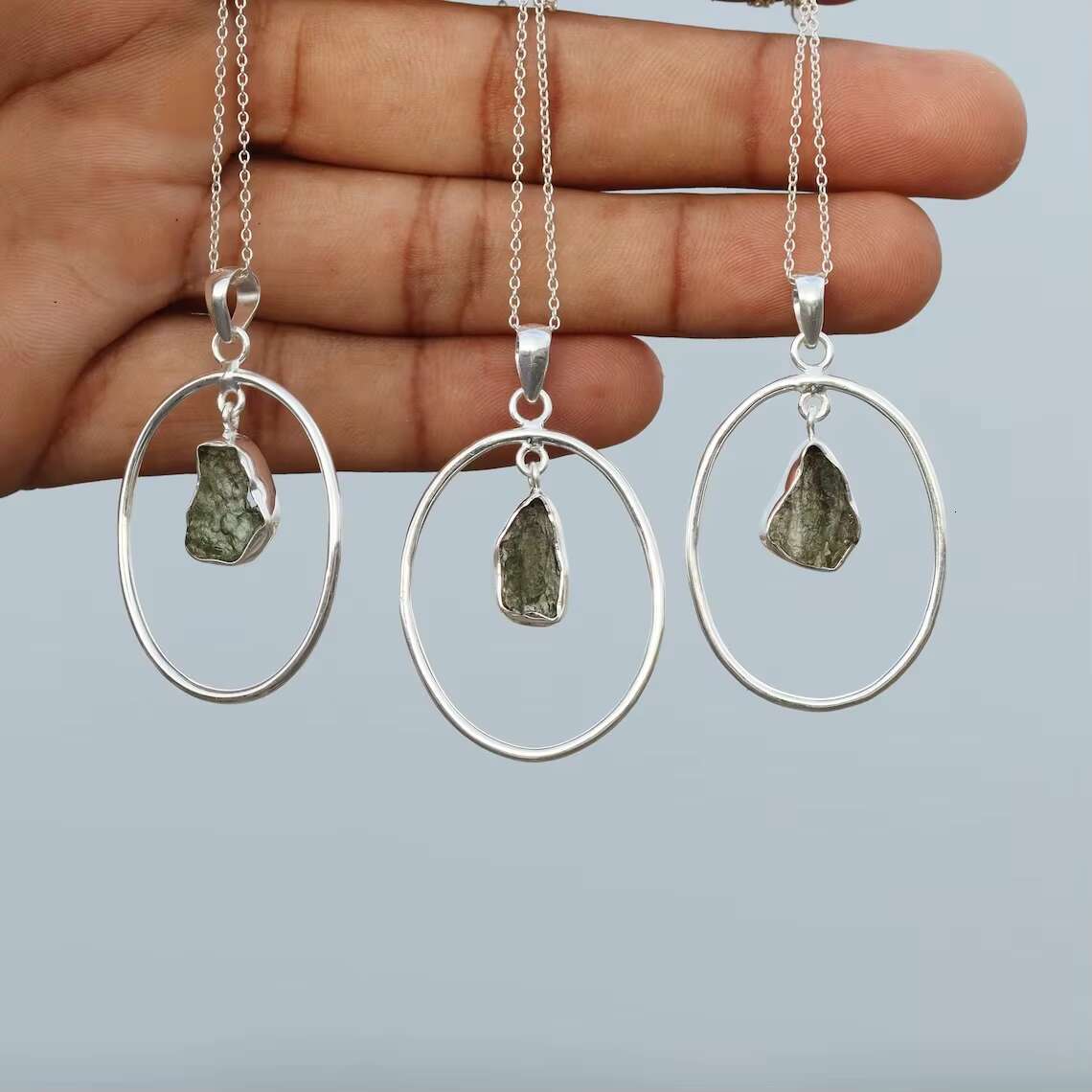 Advanced Series Natural Born Free Form Moldavit Sier Plated Collar Inlaid Pendant Chain Necklace