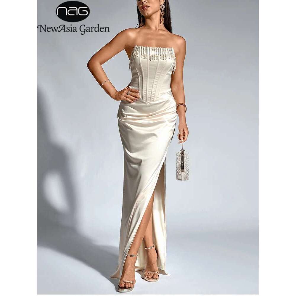 NewAsia Women's Strapless Beaded Long Corset Dress Off Shoulder Fishboned Side Slit Elegant Party Club Maxi Dresses Beige