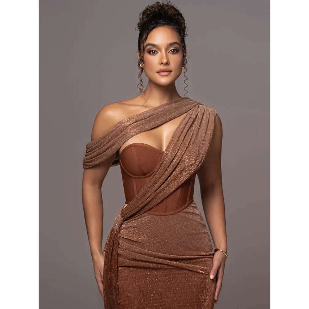 Sexy One Shoulder Draped Glitter Long Dress Women Brown Corset Sparkly Backless Bodycon Maxi Dresses Evening Party Gowns