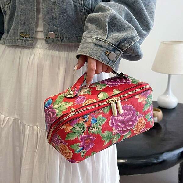 New Portable Internet Celebrity Northeast Dahua Ethnic Style Celebration Large Capacity Makeup Storage Bag, Toilet Bag B5