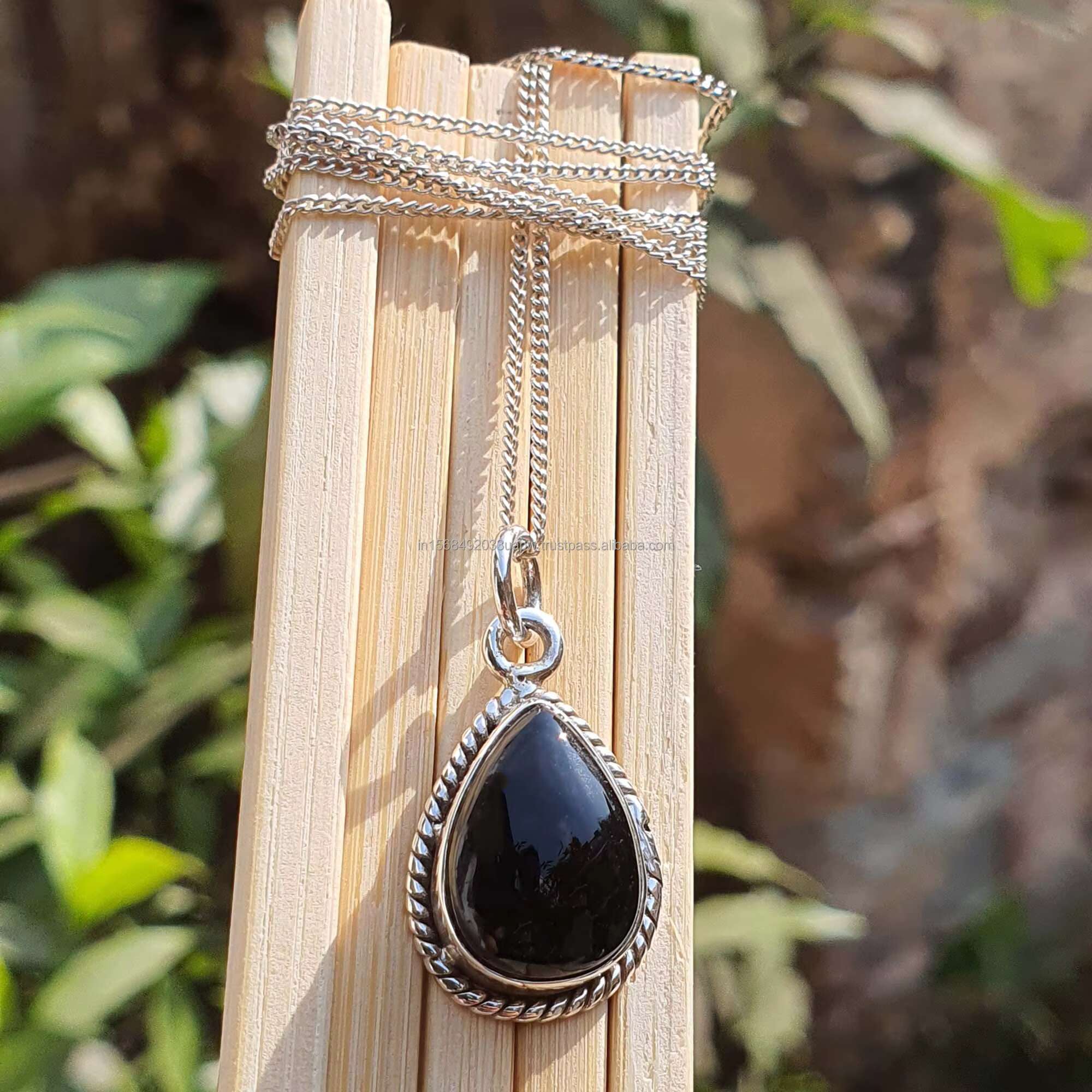 Tear drop black agate pendant paired with pure sier necklace, oxidized Indian men's and women's jewelry necklace