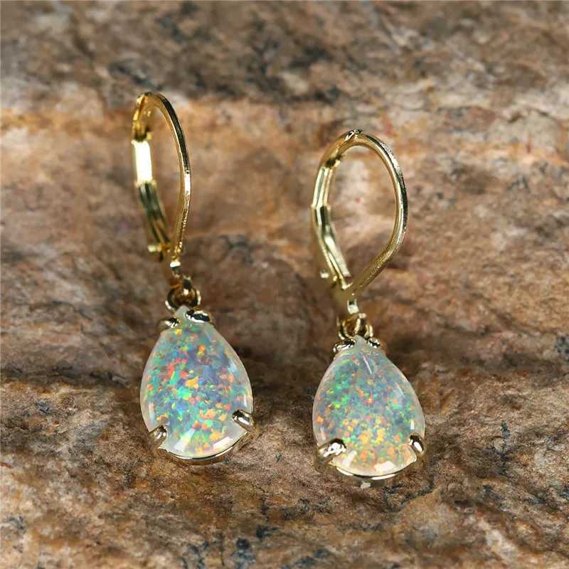 Female White Fire Opal Stone Classic Gold Color Water Drop Earrings Cute Dangle Boho Jewelry For Women Y250510