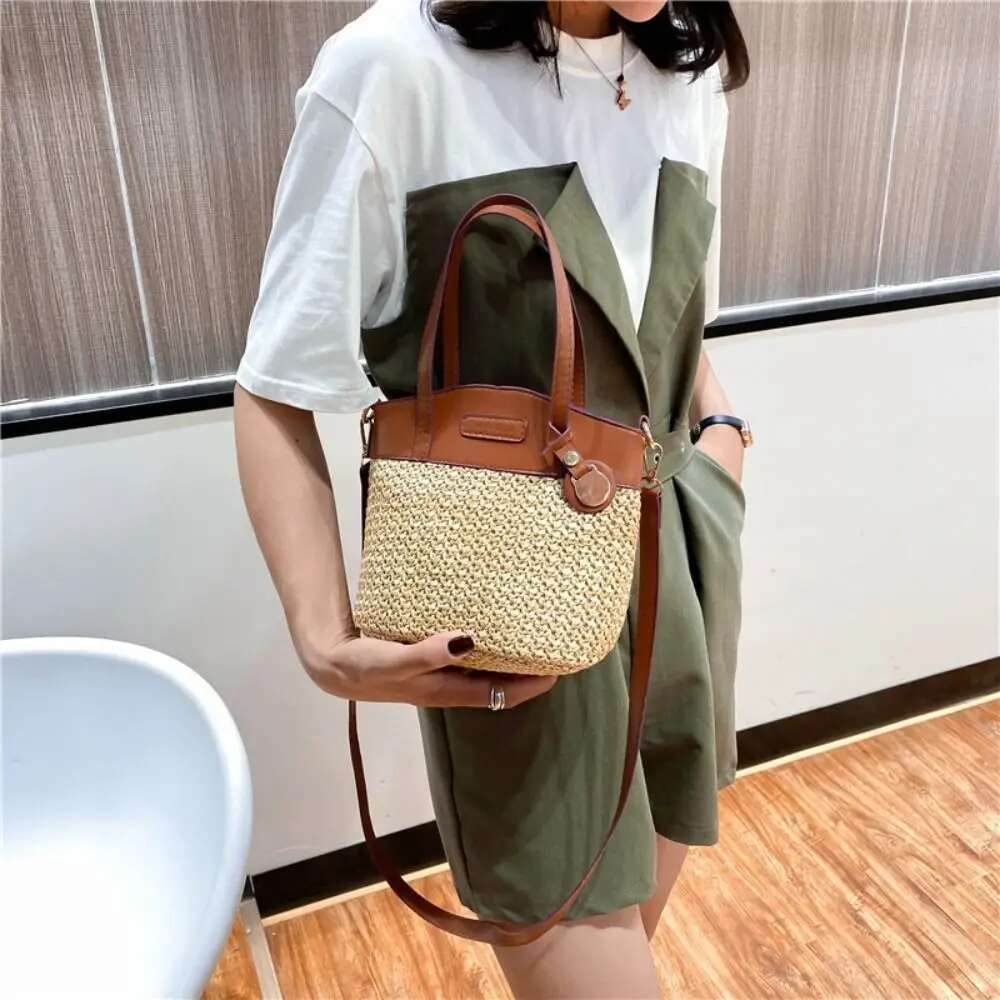 Faashion Straw Beach Vintage Handmade Ladies Shoulder Bags Designer Strap Handbag Pu Patchwork Messenger Crossbody Bag