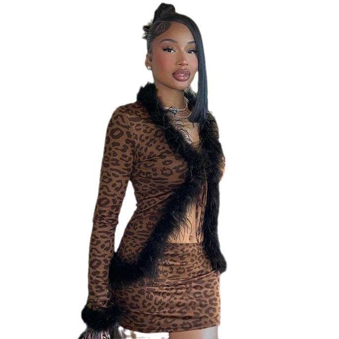 Fashionable And Sexy New Product, Fur Patchwork Lace Up Cardigan, Long Sleeved Top, Leopard Print Skirt Set, Two-Piece Set B5