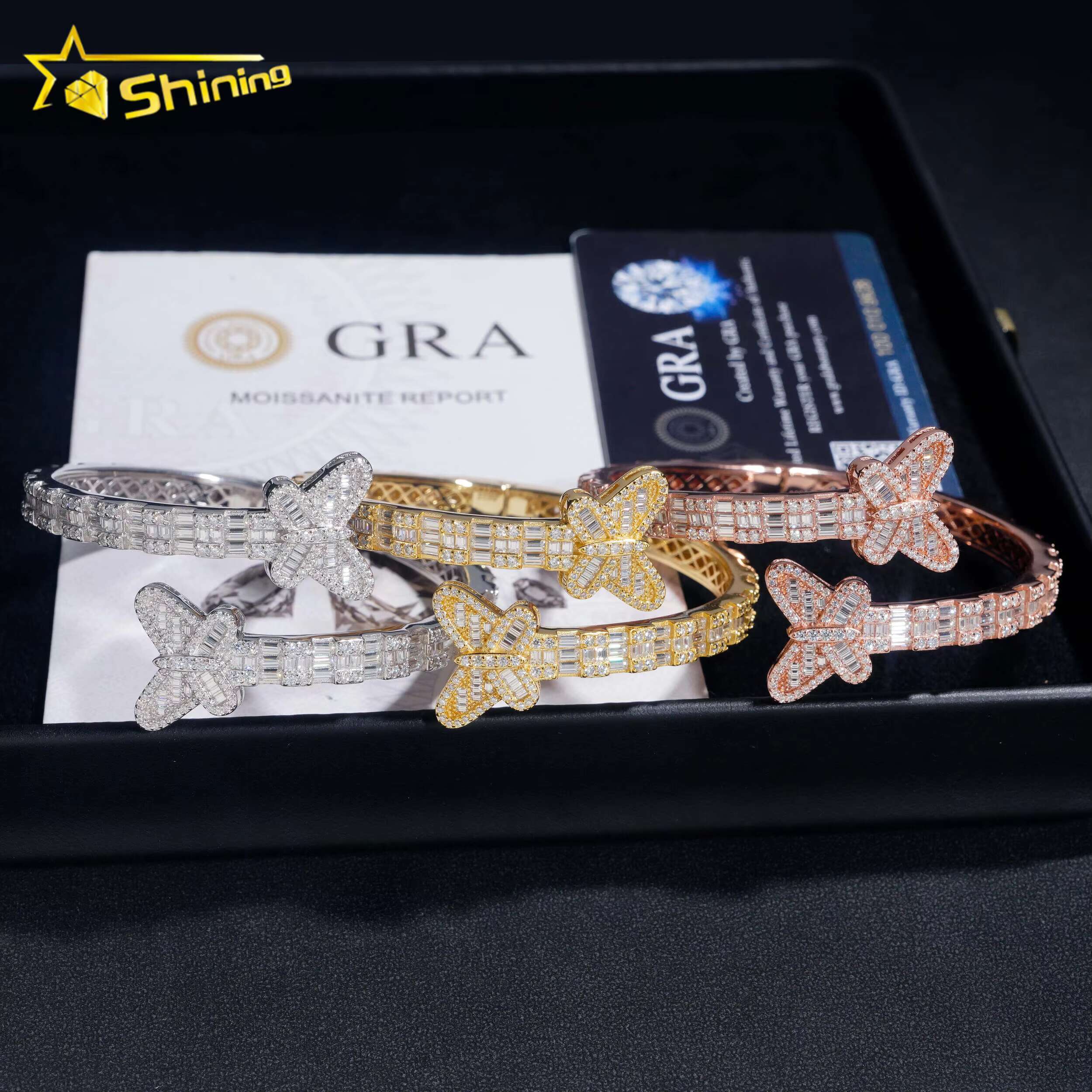 Fine Jewelry Set 925 Sterling Silver Butterfly Style Moissanite Diamond Bracelet and Ring GRA Certificate