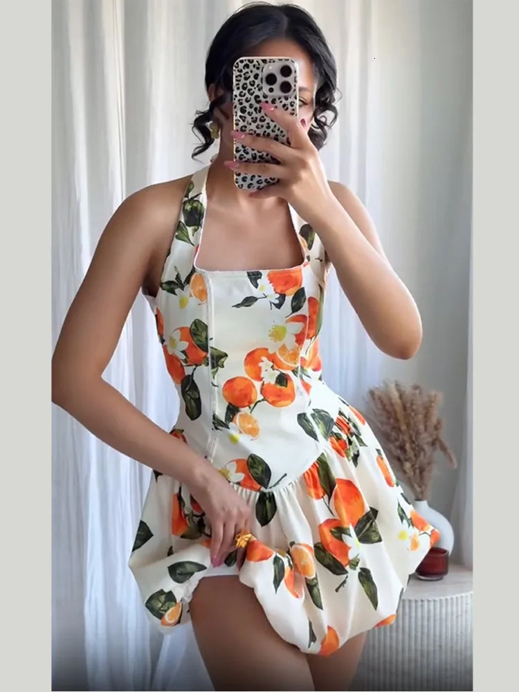 Women Printing Halter Dress Elegant Backless Sleeveless High Waist Slim Fit Mini Dresses Lady Summer Party Evening Vestidos 250513