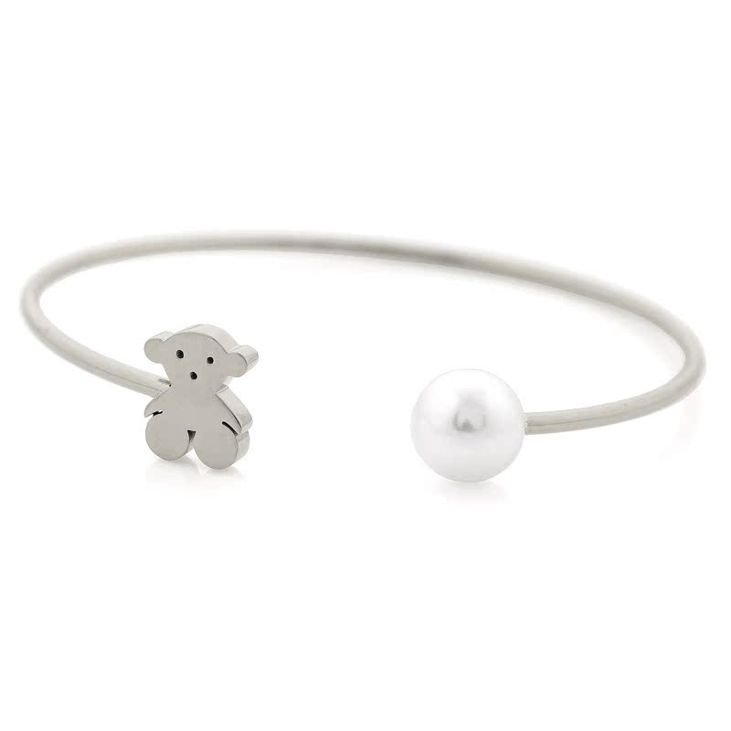Fashion Women Girls Silver Gold Bear Stainless Steel White Pearl Bead Round Wire Bangle Bracelets Jewelry Pulsera A Gift