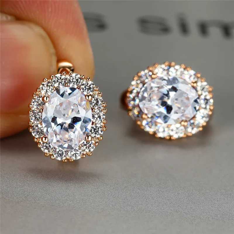 Dainty Bridal Crystal Oval Trendy Female Red Zircon Stone Earrings Vintage Rose Gold Color Wedding Jewelry For Women Y250510