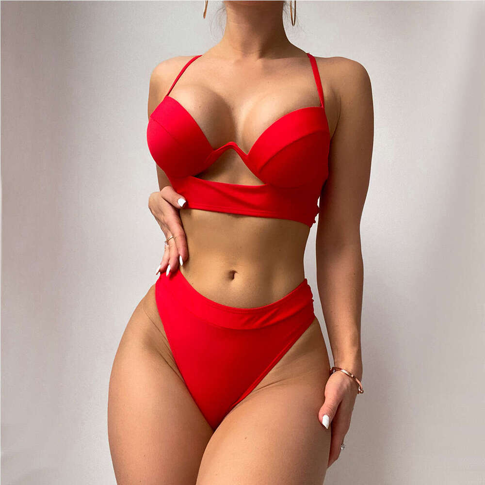 New European and American women's swimsuit one-piece steel support hard bag nylon solid color hollow sexy bikini 2025 temperament versatile new t