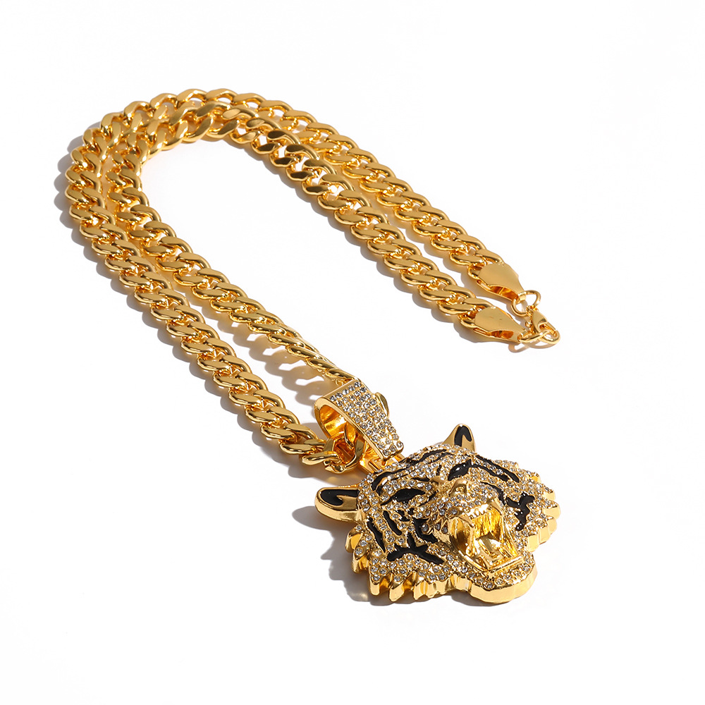 Trendy Men's Full Diamond Cuban Link Chain Necklace, High-End Hip Hop Pendant with Cross and Tiger Design