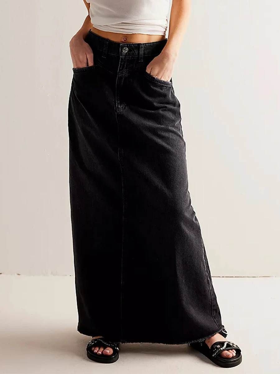 Women Y2K Vintage Denim Maxi Skirt High Waist ALine Frayed Hem Loose Long Jean OOTD Streetwear 250513