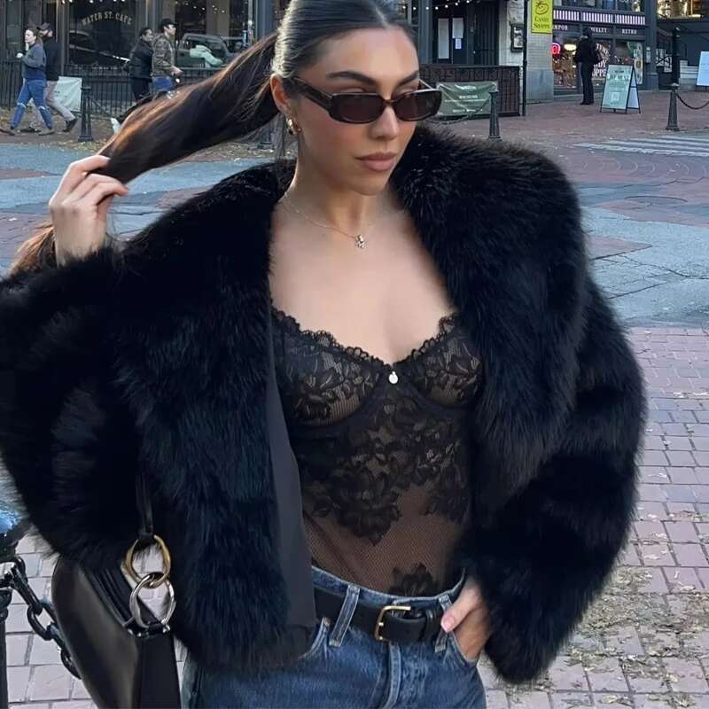 TRAF Faux for Women Autumn Winter Plush Black Wool & Blends Coats Outerwears Long Sleeve Warm Fur Coat