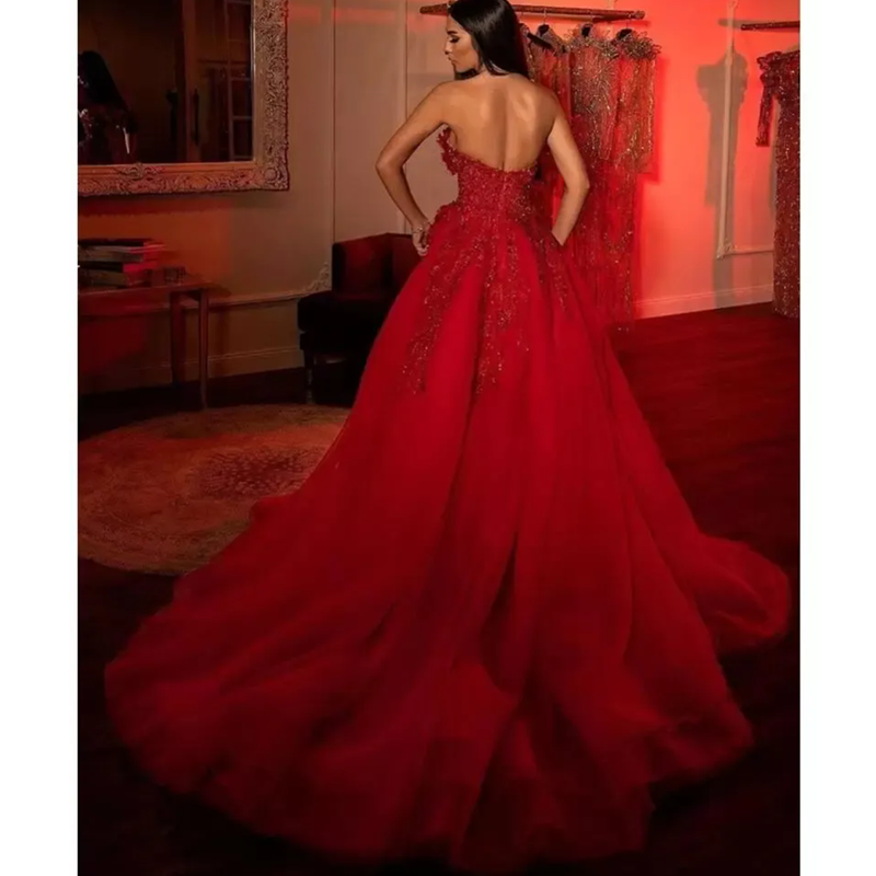 Arabic Aso Ebi Red Prom Dresses Lace Stylish Luxurious Beaded Crystals Sexy Evening Formal Party Second Reception Gowns Dress Custom Made Side Split