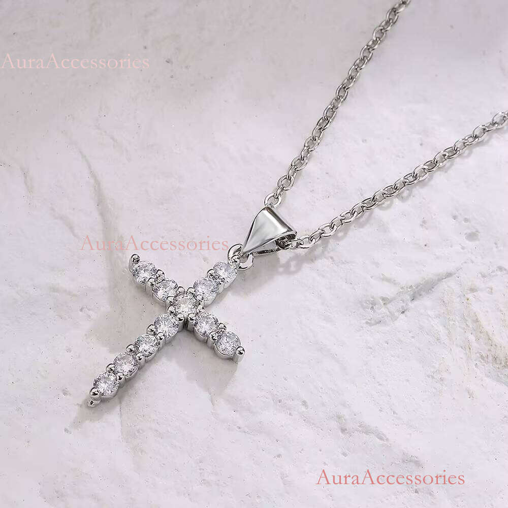 Retro Gold Plated Do Not Fade Clear Crossed Dia Zircon Cubic Zirconia Cross Pendant Necklace
