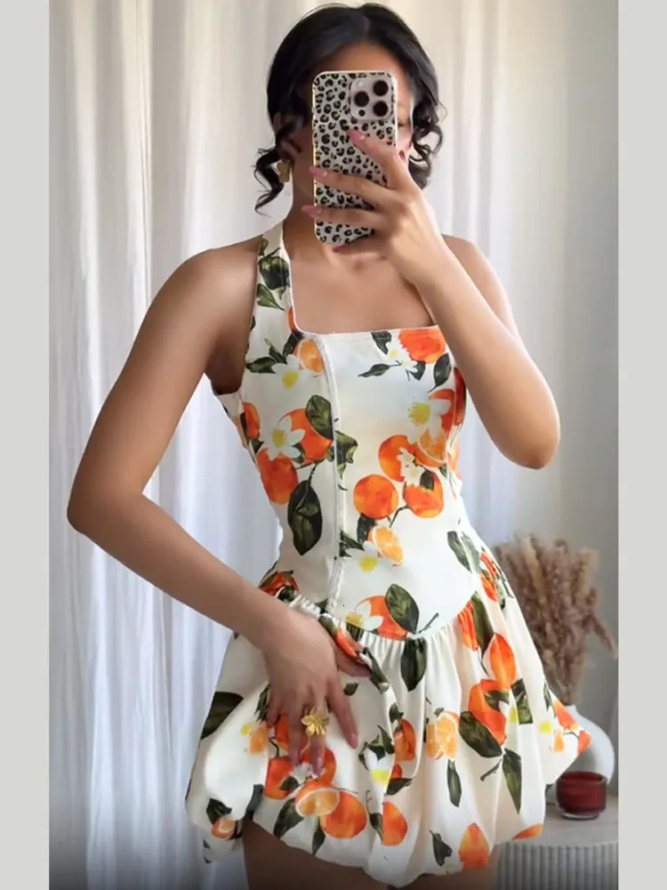 Women Printing Halter Dress Elegant Backless Sleeveless High Waist Slim Fit Mini Dresses Lady Summer Party Evening Vestidos 250513