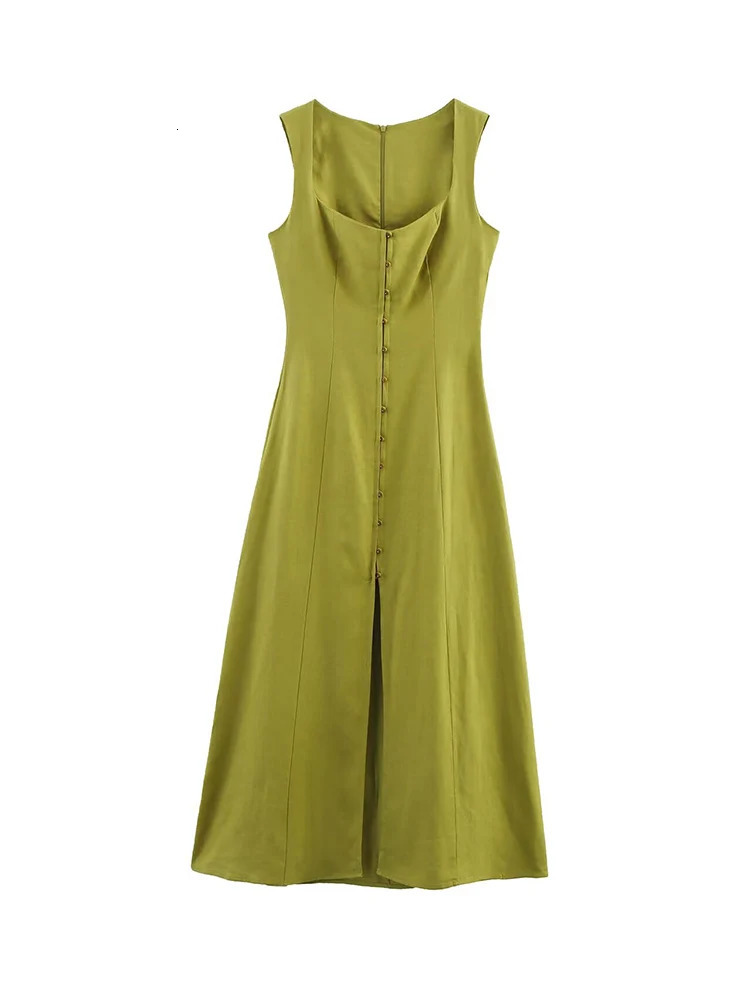 TFMLN Womens Aline Long Dress Elegant Square Neck Sleeveless Wide Sling Maxi Dresses Summer Lady Commute Button 250513