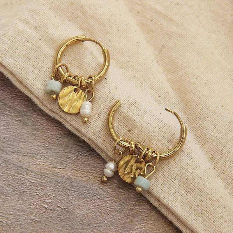Strange Stainless Steel Round Hoop Earrings for Women Natural Stone Pearl Charms 18k Gold Plated Jewelry Y250510