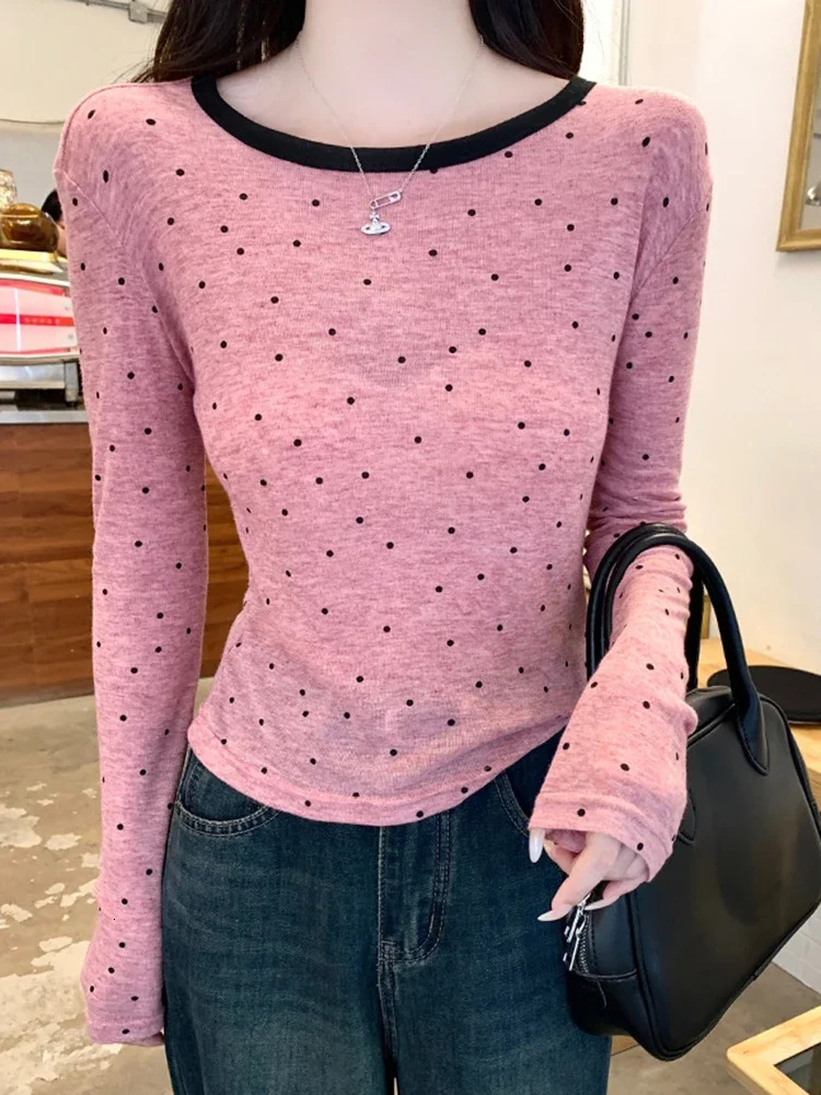 Thin Polka Dot Long Sleeve T Shirt For Women Clothing Autumn O Neck Top Woman Tshirts Casual Tee Femme Ropa Para Mujer 250513