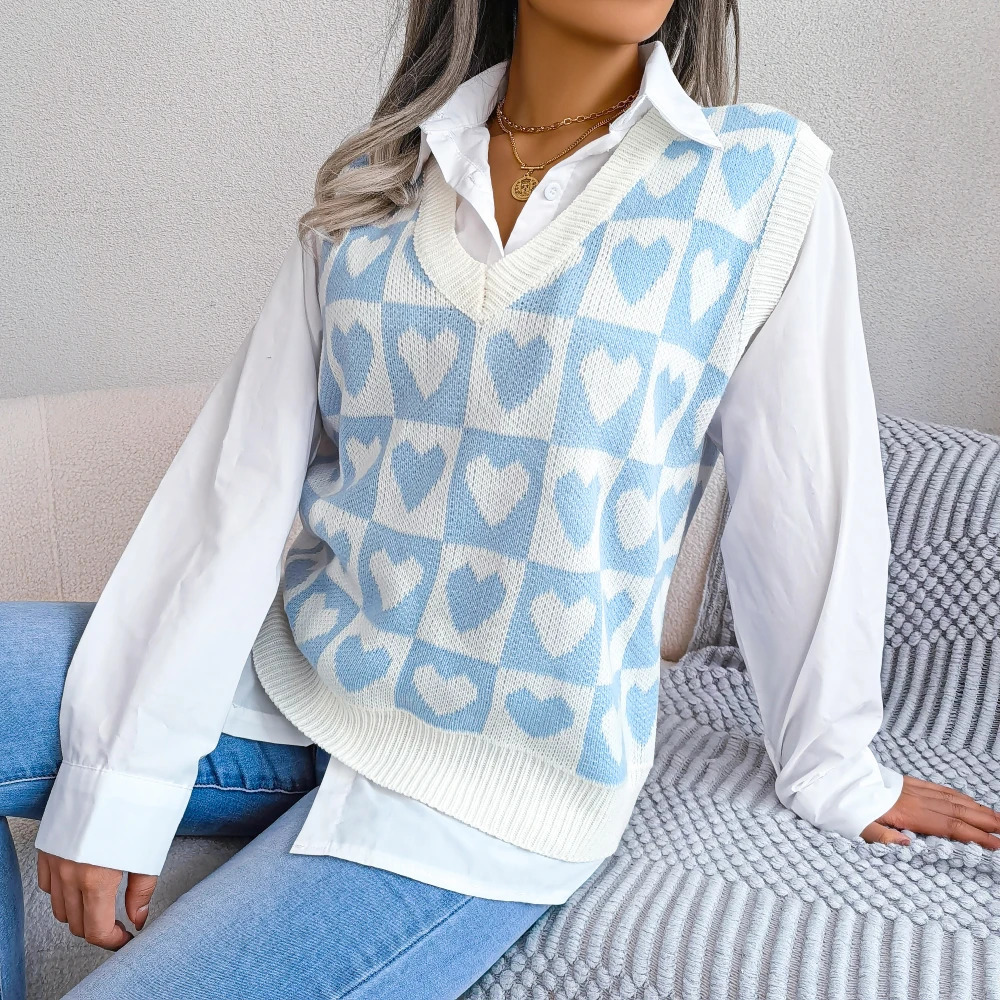 2023 Autumn Winter Sweater Vest For Women Preppy Style Heart Sleeveless Knitted Pullovers 250506