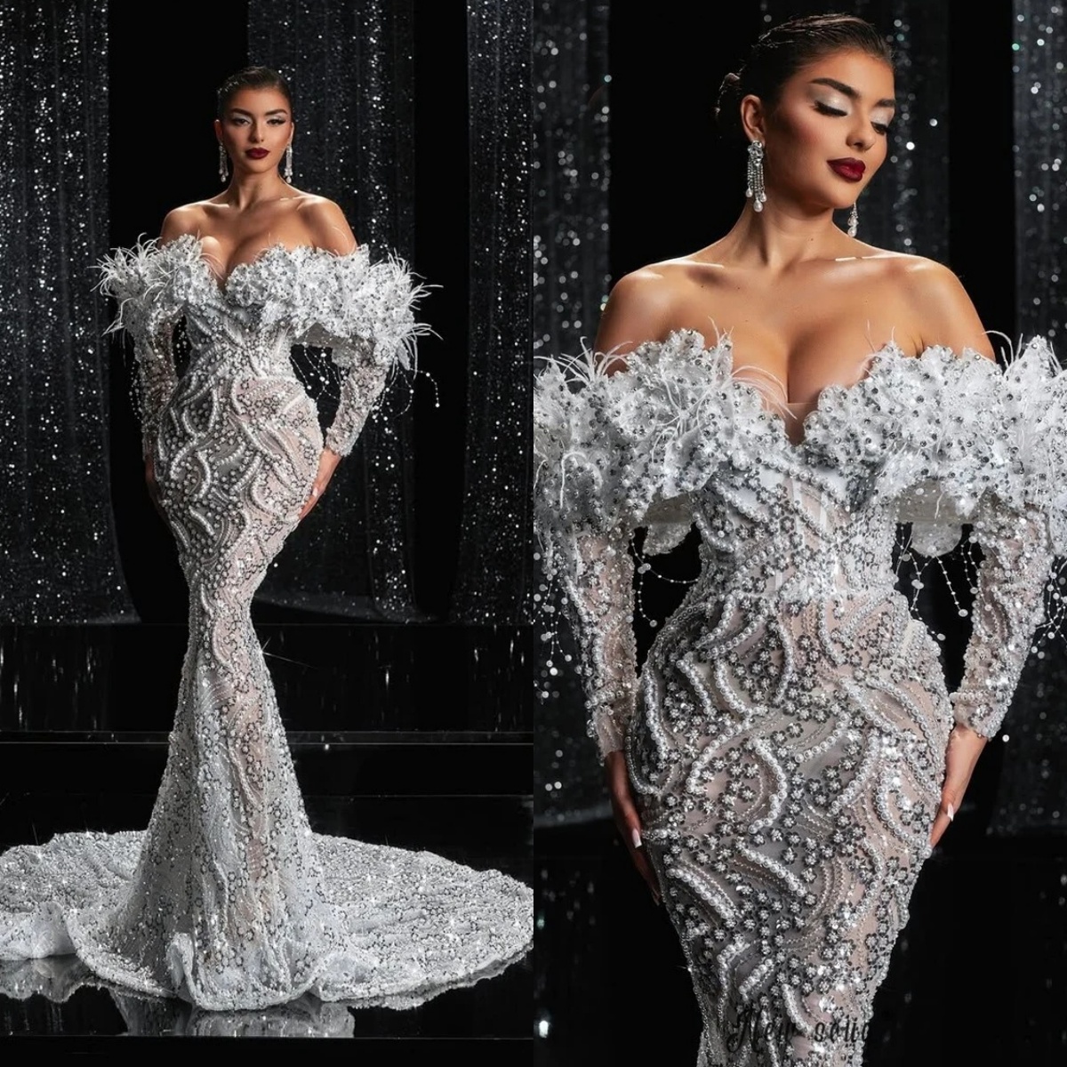Modern Wedding Dress Off Shoulder Pearls Mermaid Bridal Gowns Sequins Long Sleeve Illusion Bride Dresses Customized Plus Size Vestido de novia
