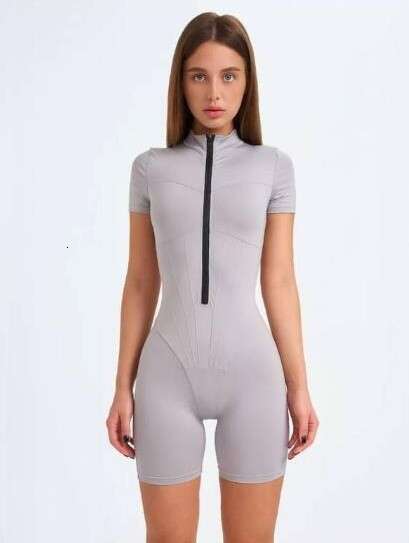 Trendy Women's Summer Sleeveless Half High Neck Invisible Zipper Fashionable Sports Jumpsuit Shorts B5