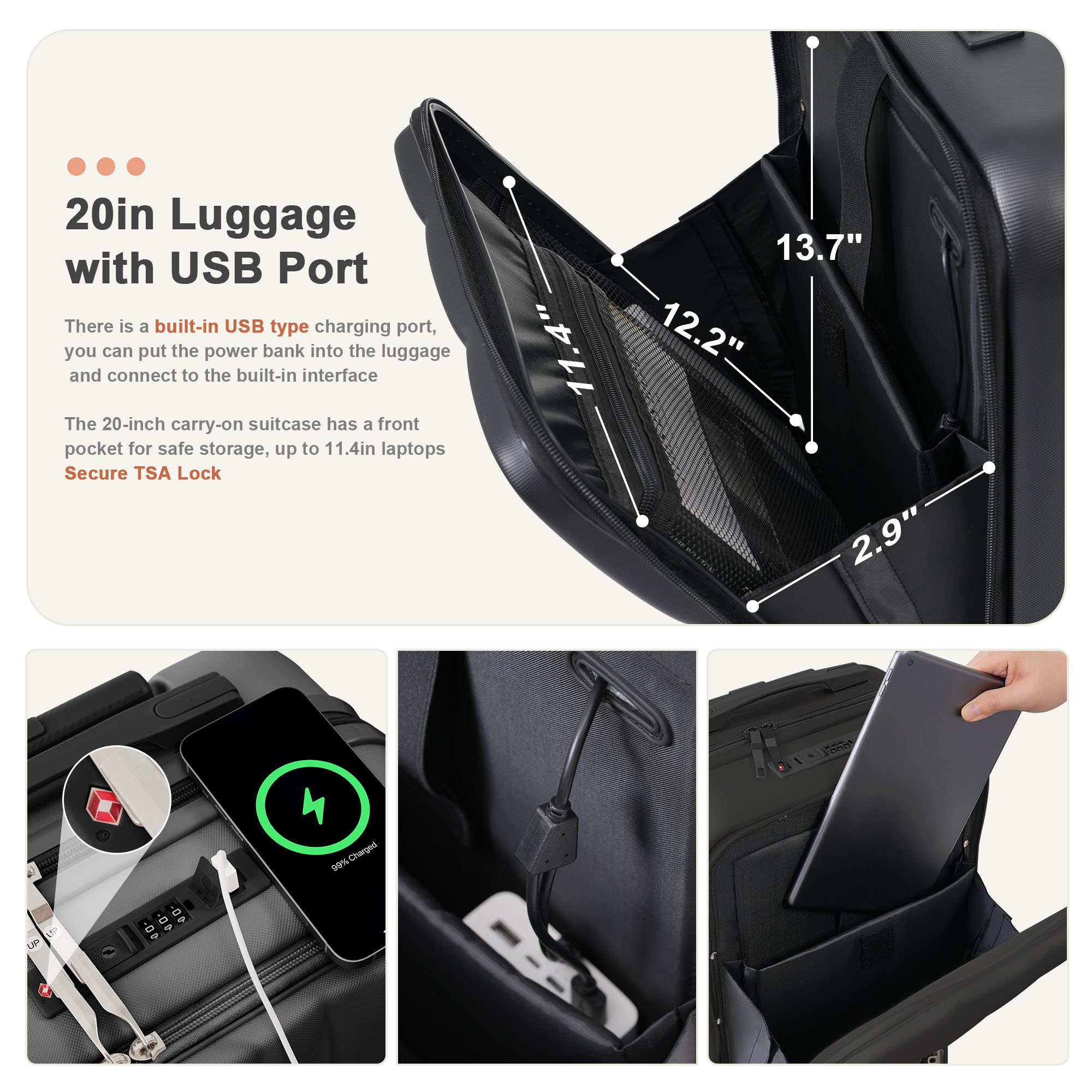 usba port 3piece luggage set frontopening design for easy passport laptop access 20 24 28inch luggage suitable for personal and family travel tsa lock