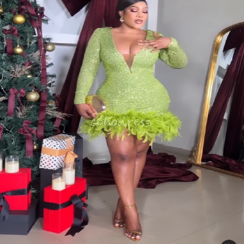 Glitter Aso Ebi Green Sequin Prom Dress With Feather Hem Mini Short Long Sleeve Evening Dress Black Girls Birthday Bespoke Occasion Cocktail Party Dre
