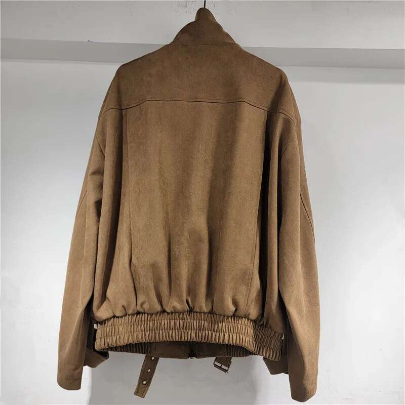 DEAT Women's Coat Stand Collar Minimalist Long Sleeve Loose Imitation Suede Zipper Casual Jackets 2025 Summer New Fashion 29A301