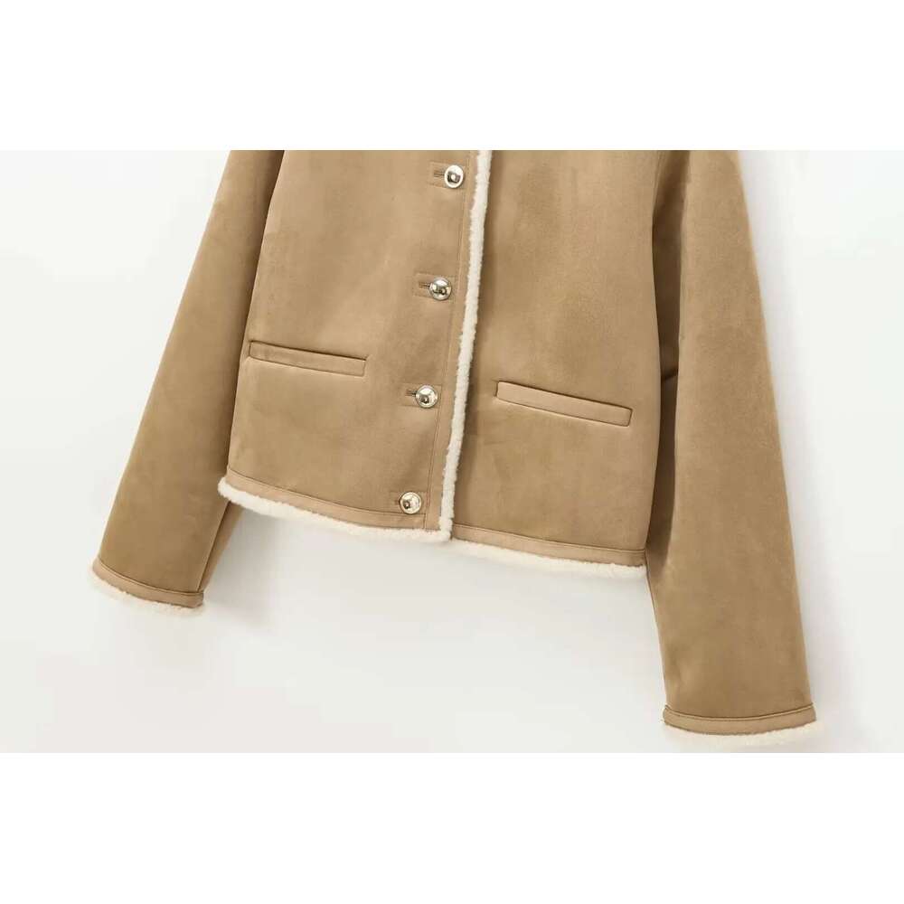 New Clothing With Gold Button Decoration Double-sided Long Sleeved Short Pocket Jacket, Women's Fur Cotton Coat