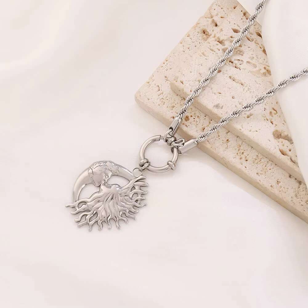 Women's Necklace Gold Plated Stainless Steel Moon Sun Pendant Fashion Chain with Flower Pattern Accessories