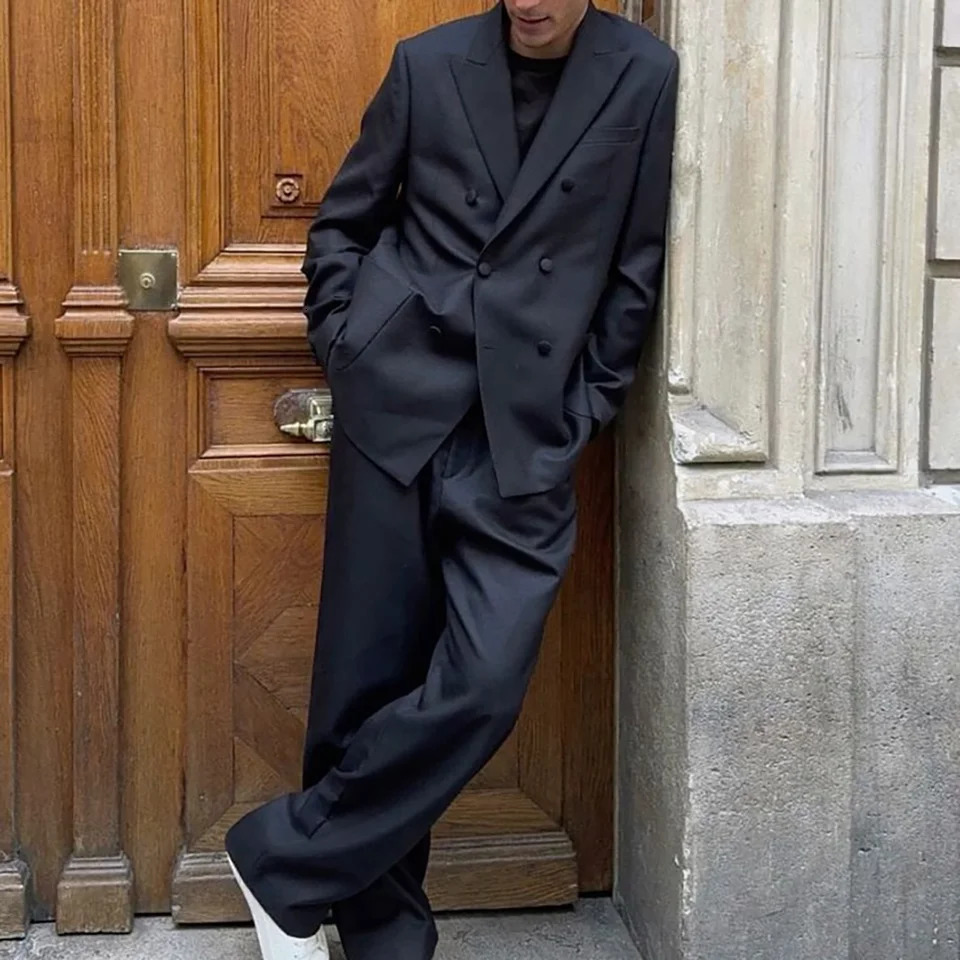 Fashionable loose black double chest mens twopiece set jacketpants lapel casual party dance wedding 250506