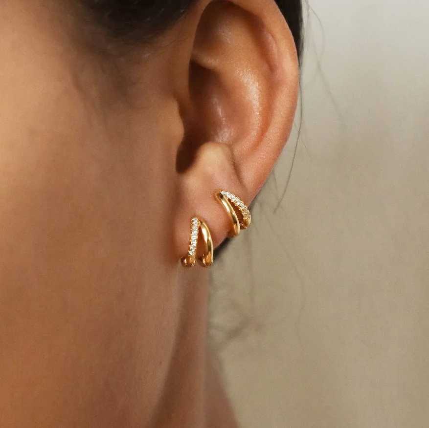 Europe Double Layered Zircon Hoop Earrings For Women Gold Silver Color Personality Punk Earring Party Jewelry Gifts Y250510