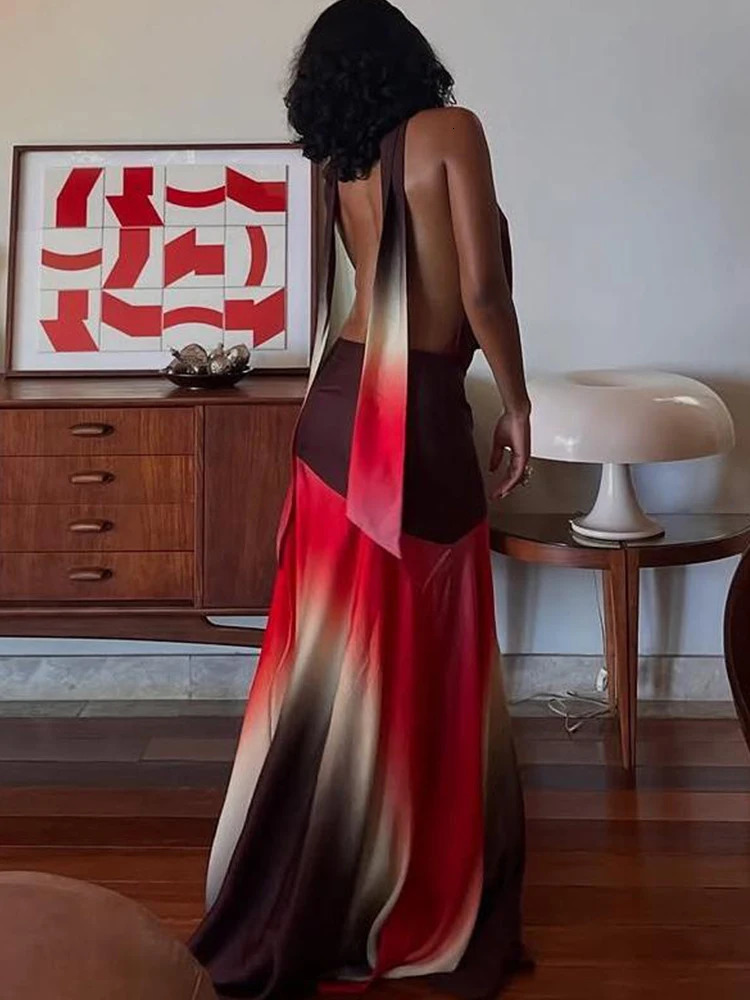 Sisterlinda Summer Release Junior Fashion Leisure Sexy High Street Long Dress K25D66166 Girl Printing Halter Slim Backless Robe 250513