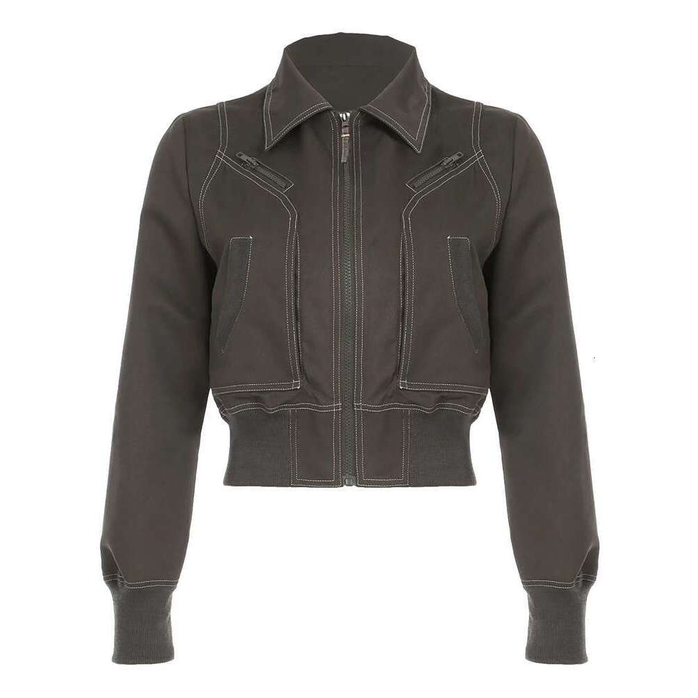 Rockmore Vintage Cropped Jackets for Women Haruku Slim Fit Lapel Zipper Coat Y2K Streetwear Long Sleeve Autumn Outerwear New