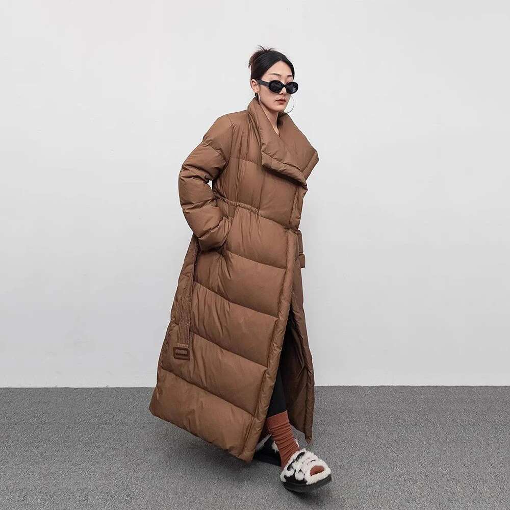 Winter Large Lapel Long Overcoat Women 90 White Duck Loose Knee Length Bread Cotton Quilt Jacket Warm Down Coat