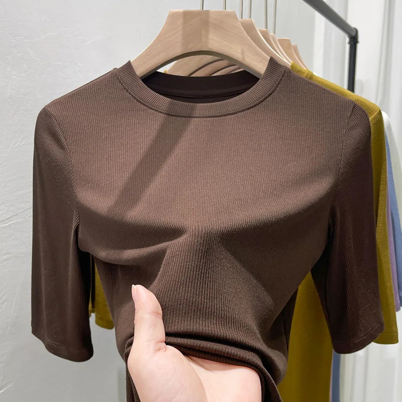 Summer Ice Silk Women T Shirts Solid Color Round Neck Comfortable Fashion Short Sleeve Slim Tops 250513