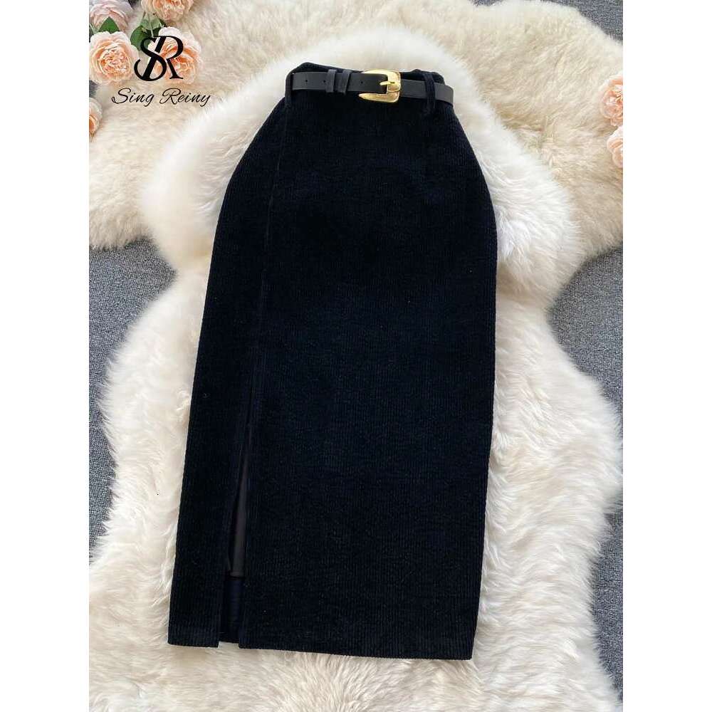 SINGREINY Women Korean Split Sexy Long Winter Corduroy Slim Thick Streetwear Fashion Vintage Autumn Bodycon Skirt