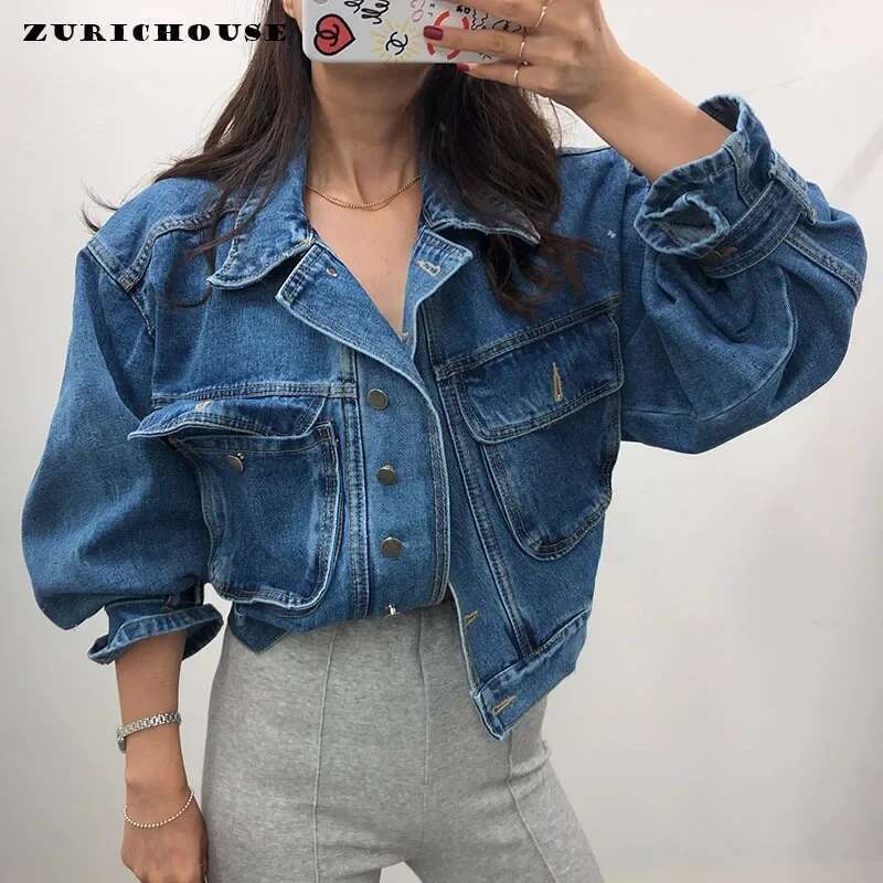 Cropped Oversized Denim Jacket Women Spring Autumn Outerwear Stylish Puff Sleeve Washed Blue Ladies Jeans Jackets Coat