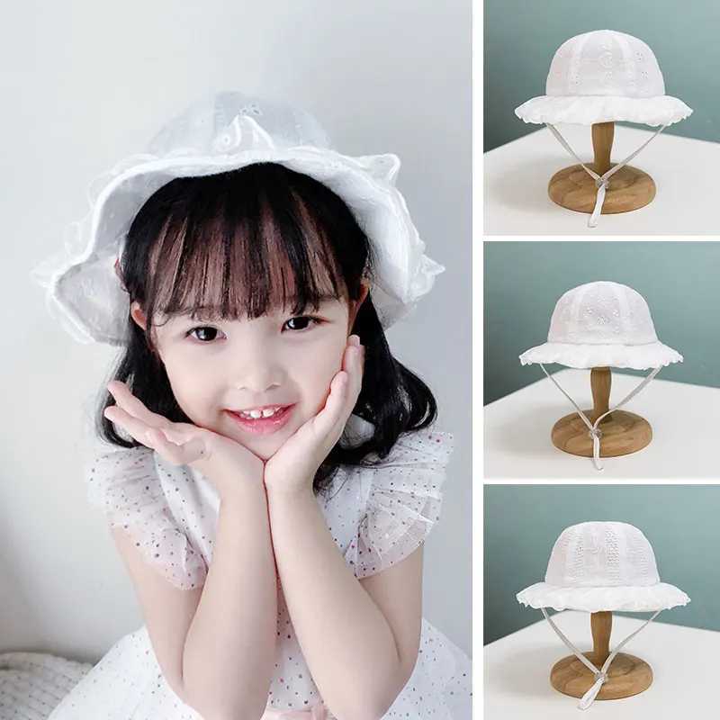 White Flower Princess Baby Fisherman Hat Lace Ruffle Infant Basin Cap Cotton Hollow Breathable Girl Visors 6-24M Toddler Sun Hat R250512