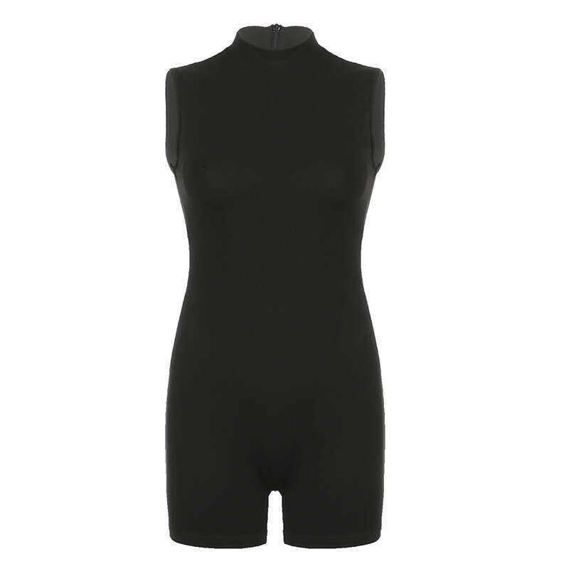 American Casual Women's INS Sports Fashion Basic Solid Color Base Half High Collar Sleeveless Tight Jumpsuit B5