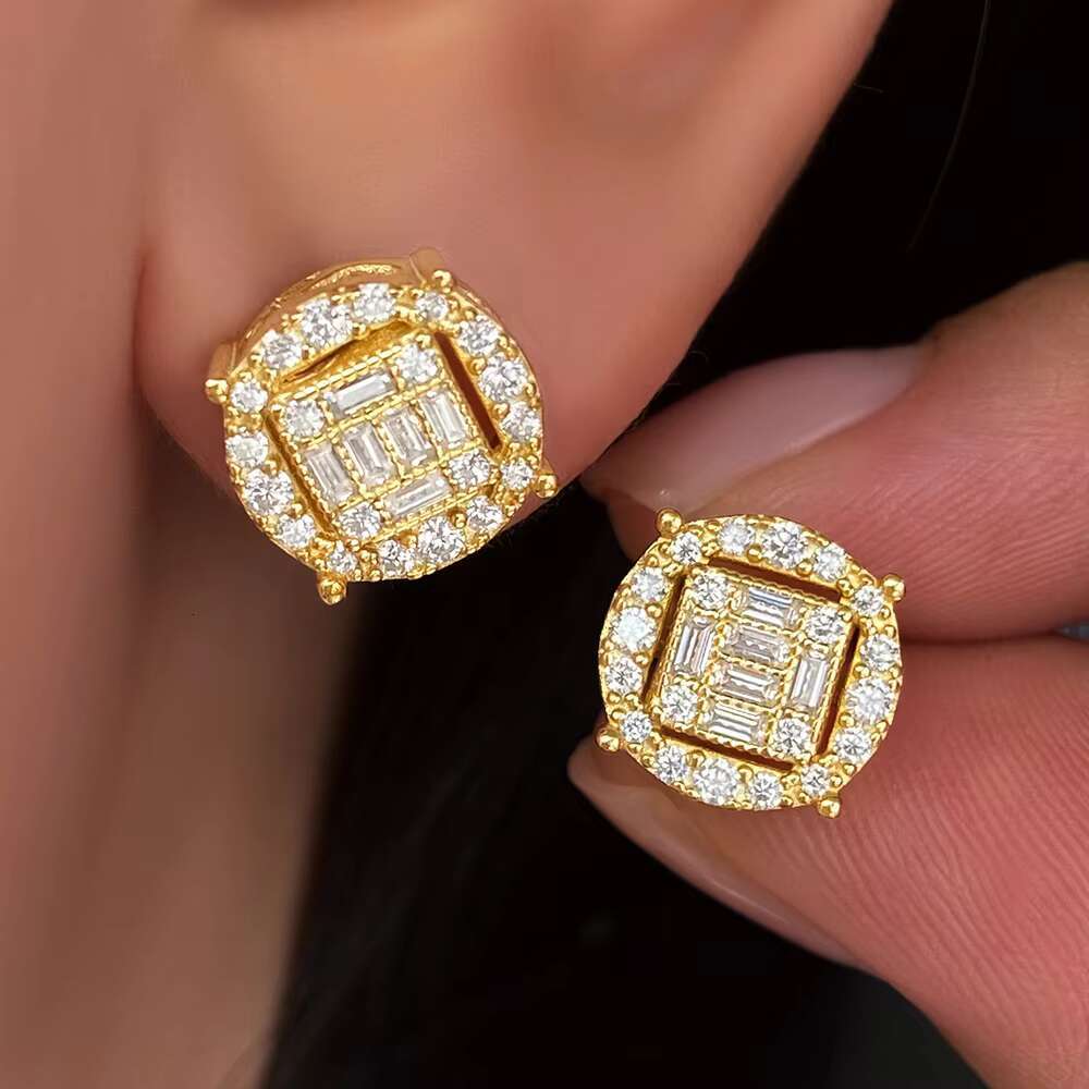 Hip Hop Solid Silver Custom 925 Earring Vvs1 Moissanite Earrings Women Jewelry 18K Gold Color Round Micro Pave Stud Earrings