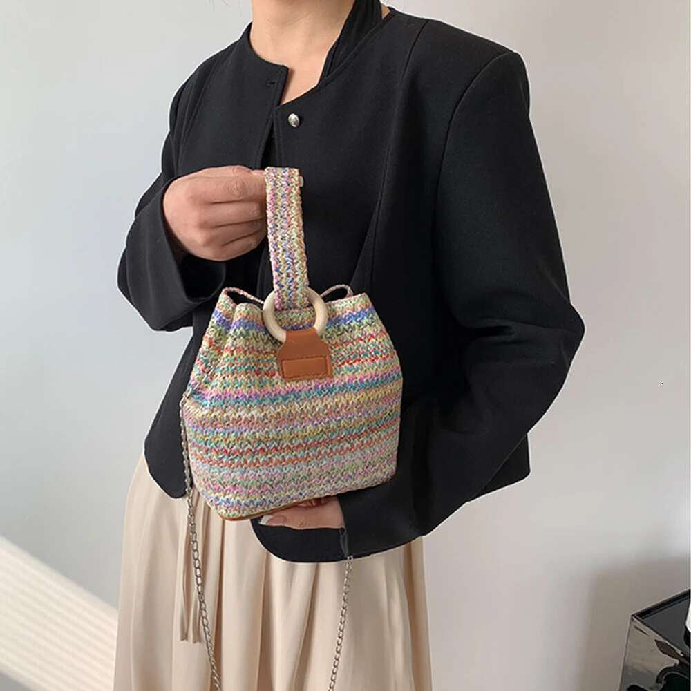 Colorful Straw Fashion Hand-Woven Mini Bucket Women Chain Sling Purses Female Crossbody Summer Tote Hobo Bag