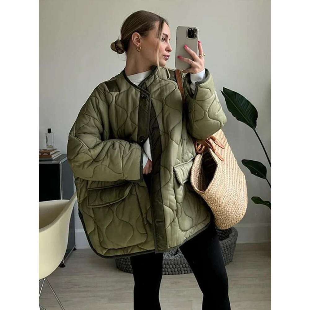 Rhomboid Pattern Women Cotton Coat Solid O-neck Irregular Striped Long Sleeve Single Breasted Female Jacket Winter Lady Overcoat