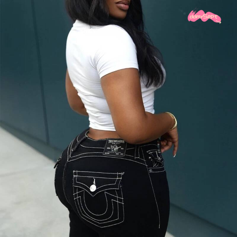 Embroidery Waisted Woman High Street Fashion Sexy Vintage Casual Tight Washed Pants Women Black Jeans ddmysept