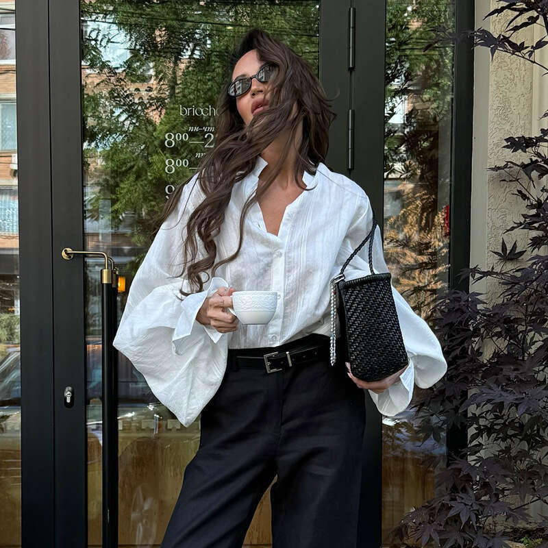 European American Summer Sweet And Fresh Loose Oversized Stand Up Collar Lantern Sleeves Long Sleeved Shirt Women's Top B5