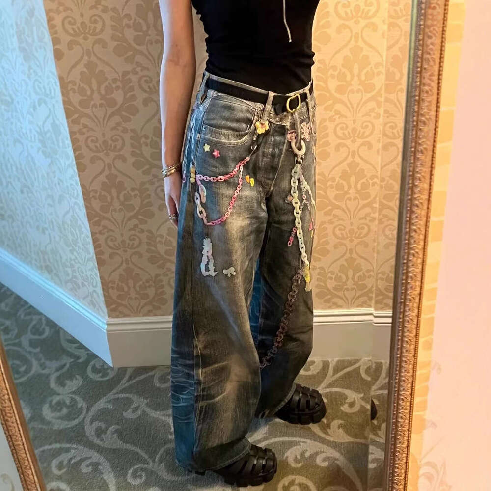 Jimo AC Spring New 3D Digital Printing Color Chain American Jeans Men and Women Same Style Curved Knife Pants