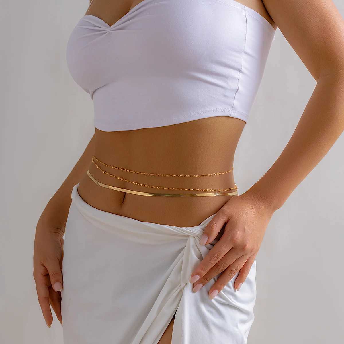 Salircon Minimalist multi-layer metal flat snake chain belly Waist chain Punk Metal Ball Sexy Bikini Summer Body Jewelry GiftT250513