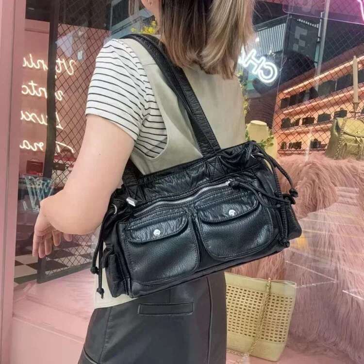 Punk Multiple Pockets Motorcycle Bag Retro Drawsting Women Shoulder Bags Soft Pu Leather Handbags Large Tote Shopper Purses Y2k